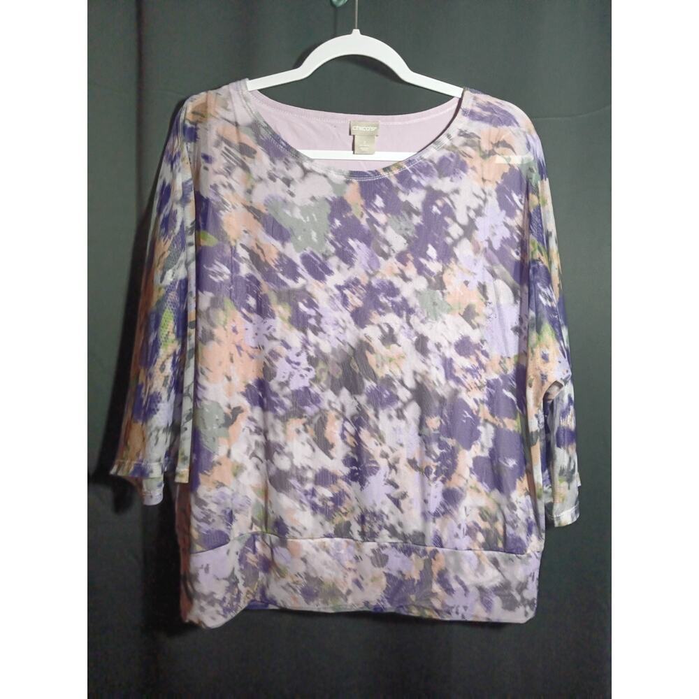 Chico’s Size 2 Purple Floral Sheer Top Lined Scoop Neck 3/4 Sleeve Blouse Women